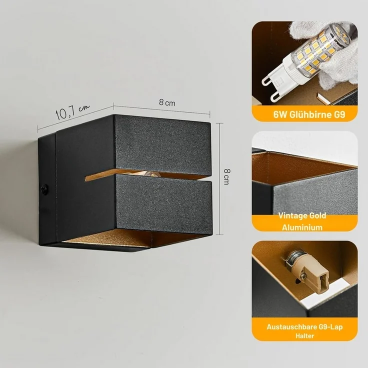 Vivitar LED Wandleuchte Wandleuchte Aluminium –2er SET– Wandlampe Schwarz Gold, LED wechselbar, Design Wandbeleuchtung für Wohnzimmer, Schlafzimmer, Flur – Bild 2