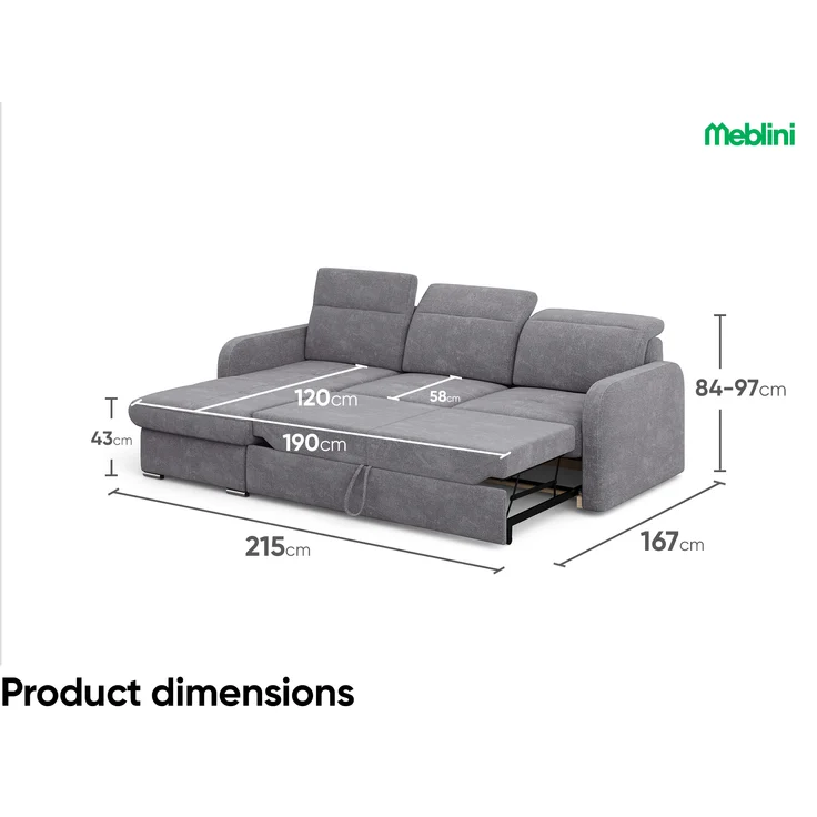 MEBLINI Schlafcouch mit Bettkasten - Ecksofa mit Schlaffunktion - Sofa mit Relaxfunktion und Kopfstützen - Couch L-Form - Eckcouch - Wohnlandschaft - EMERALD - 215x167x84cm - Dunkelgrau Webstoff – Bild 7