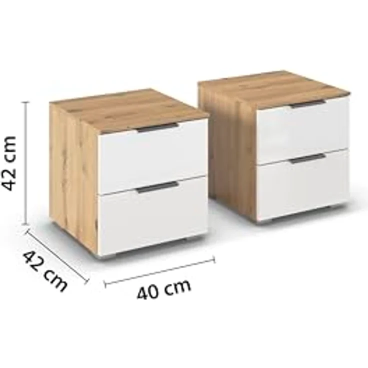 Rauch Möbel Alabama, Nachttisch-Paar für Schlafzimmer, Kinderzimmer, mit je 2 Schubladen, Soft-Close-Funktion, Farbe Hochglanz Weiß/Eiche Artisan, Holz, Griff Grau metallic, Maße 40 x 42 x 42 cm – Bild 4