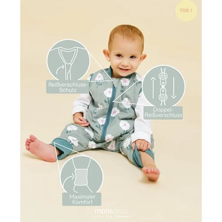 molis&co - Baby Schlafsack mit Füßen - Ideal für Frühling und Herbst - Babyschlafsack mit Füßen 1 tog - Leicht gepolstert - 100% Baumwolle (Oeko-TEX 100), Premium Qualität - Sakura Garden (70 cm) – Bild 4