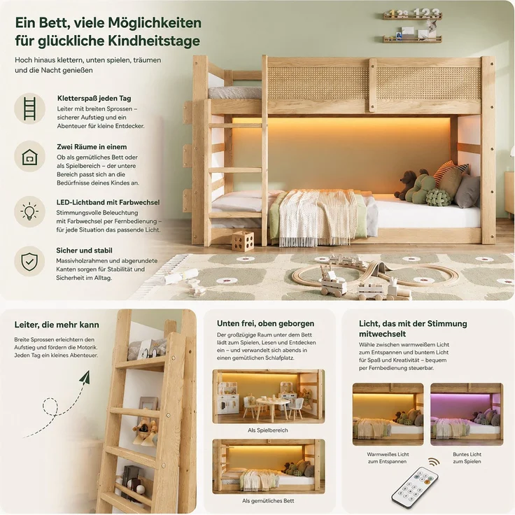 Hochbett mit RGB LED-Streifen, Regal, Rausfallschutz, Lattenrost und Trittleiter, 90x200 cm, Kinderbett, Kiefer – Bild 4