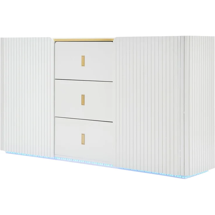 Sideboard 150 x 35 x 80 cm aus Spanplatte in Weiß mit 3 Schubladen, 2 Türen und LED-Beleuchtung – Bild 6