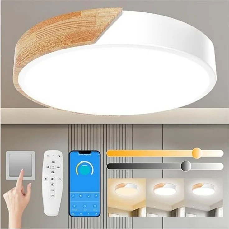 POPOLIC LED Deckenleuchte 24-W-moderne Leuchte, Deckenleuchte Holz, dimmbare Decke 3000k-6000k, ferngesteuerte LED-Deckenleuchte für Wohnzimmer und Flur, 30 cm, Weiß – Bild 2