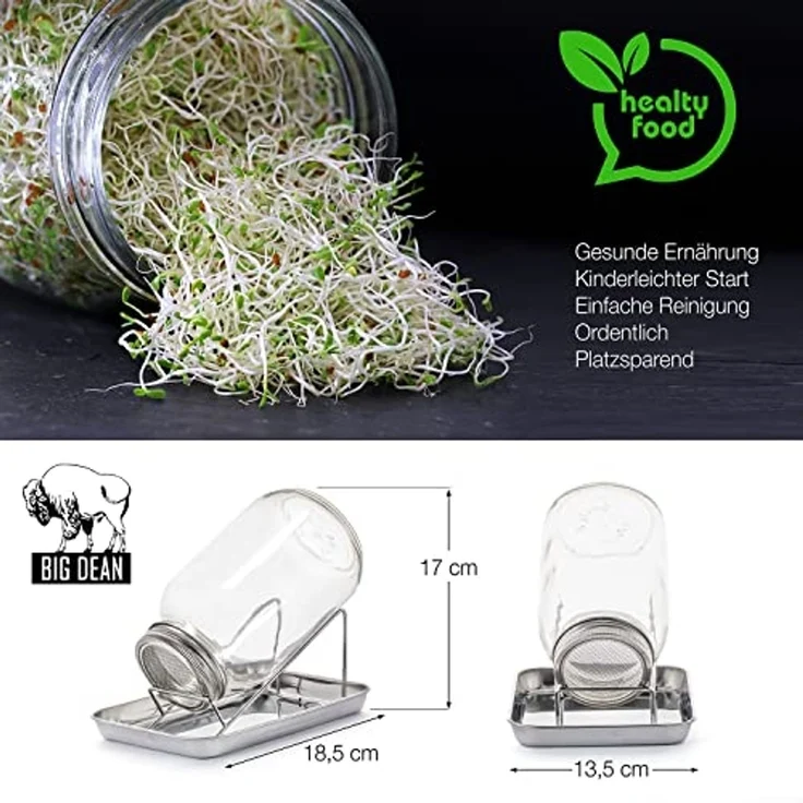 BigDean Anzuchttopf Sprossenglas Keimglas 1000ml mit Edelstahl-Gitterdeckel + Ständer (Set, Sprossengläser), Sprossenglas, Leichte Anwendung, Gesunde Ernährung, Einfache Reinigung – Bild 6