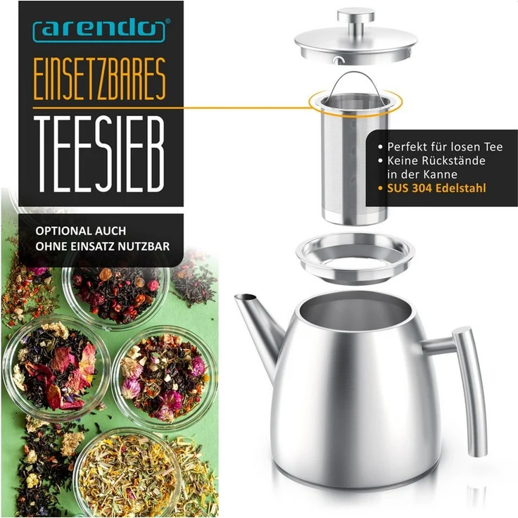 Arendo Teekanne Edelstahl, Siebeinsatz, 1000 ml, mit Griff aus Metall, Isolierkanne, 1 l, (Set, 2-St, Siebeinsatz für losen Tee), Doppelwandige Thermo Isolierung, Kanne mit Teesieb für losen Tee – Bild 3