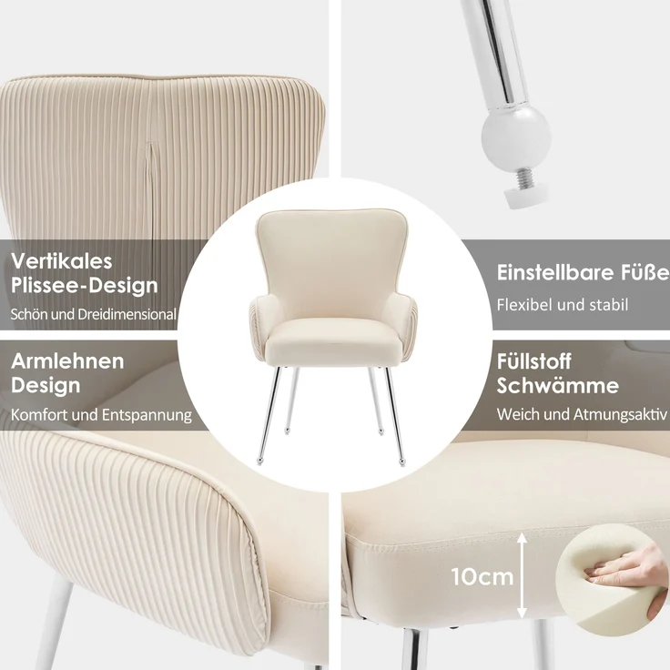 2er-Set Samt-Esszimmerstühle mit Armlehnen, beige/silber, 53x57x83 cm – Bild 3