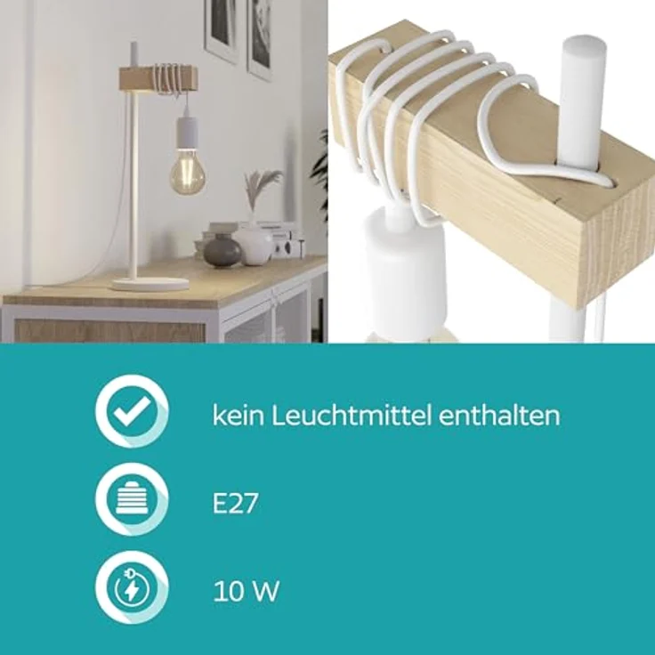 Eglo 'Townshend' LED-Tischleuchte, Stahl weiß / Holz natur, 15,5x50cm, E27 – Bild 5