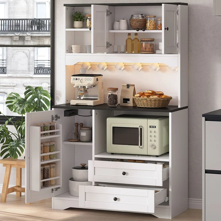 Küchenbuffetschrank mit LED-Beleuchtung & USB-Anschluss, 100x40x163 cm, Weiß – Bild 1