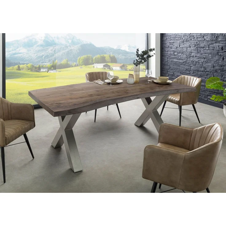 Baumtisch Akazie 220x100x77 grau lackiert / X-Beine silber matt FREEFORM 5 – Bild 3