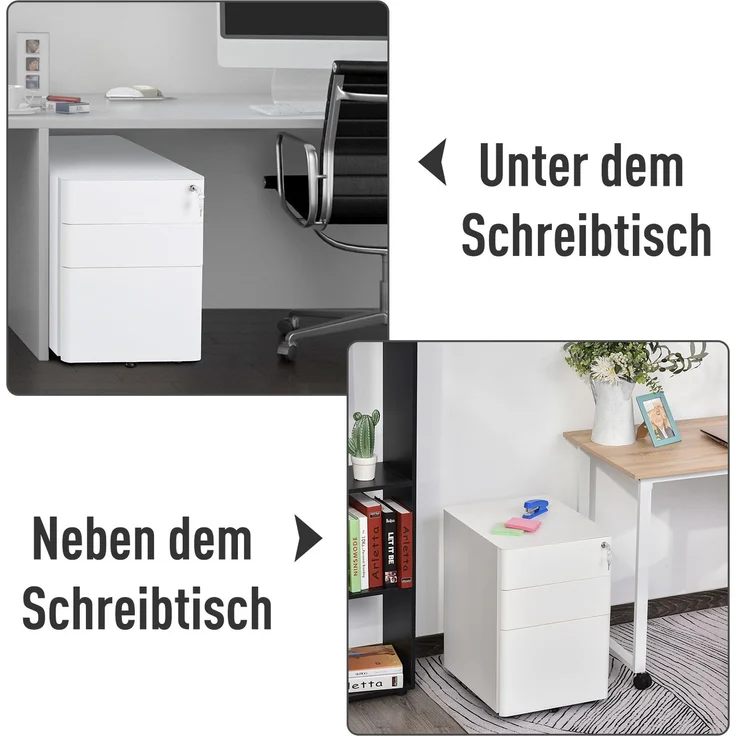 Rollcontainer aus Stahl mit Schloss und 3 Schubladen, 48x39x59 cm, Weiß – Bild 6