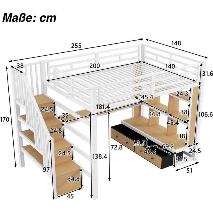 Hochbett mit RGB LED-Streifen, Schreibtisch, Regal, Lattenrost, Treppe und Schubladen, 140x200 cm, Kinderbett mit Rausfallschutz, Metallbett – Bild 4