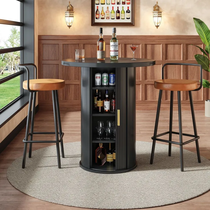 Runder Bartisch mit Stauraum, 91,6cm hoher Stehtisch mit Schrank, MDF Holzoptik, Belastbar bis 75kg, für Bar & Wohnzimmer