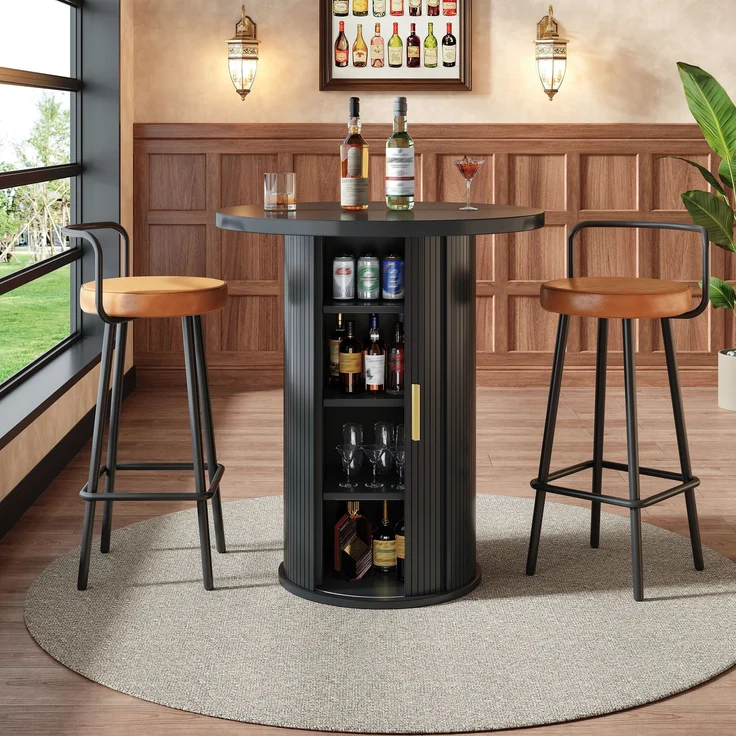 Runder Bartisch mit Stauraum, 91,6cm hoher Stehtisch mit Schrank, MDF Holzoptik, Belastbar bis 75kg, für Bar & Wohnzimmer – Bild 1