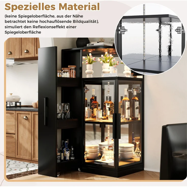 Glasvitrine 64x42x112 cm mit LED-Beleuchtung und ausziehbarem Seitenschrank, Schwarz – Bild 7