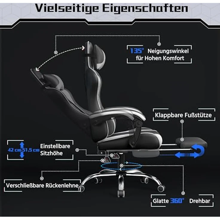 Yaheetech Gaming Stuhl Ergonomischer Gamer Stuhl mit Massagefunktion Computerstuhl mit Fußstütze Bürostuhl 90-135° Rückenlehne verstellbar Gaming Sessel PC Stuhl Weiß – Bild 7