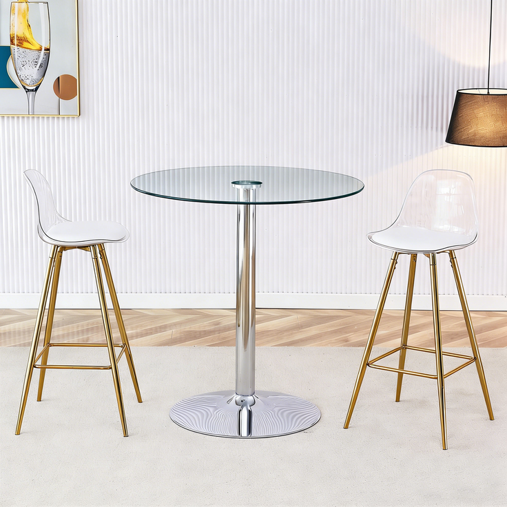 Flexibles Bar-Set: Runder Glastisch mit 89 cm Durchmesser + 2 Barhocker mit goldfarbenen Beinen.• Transparente Optik • Vielseitig einsetzbar •Schafft visuelle Weite und spart Platz, Flexibles Bar-Set: Runder Glastisch mit 89 cm Durchmesser + 2 Barhocke... – Bild 4