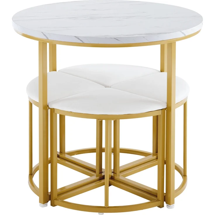Runder Esstisch 80 cm mit 4 Samtstühlen, MDF Tischplatte weiß, Essgruppe mit vergoldetem Metallrahmen für Küche & Esszimmer – Bild 7