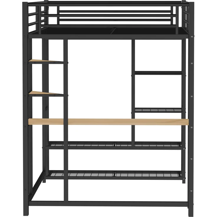 ZUBALIYA Metall-Hochbett mit Leiter 140x200 cm, Juniorbett Doppelbett mit Tisch mit einfachen Kleiderbügeln mit Ablagefächern, Schwarz – Bild 15