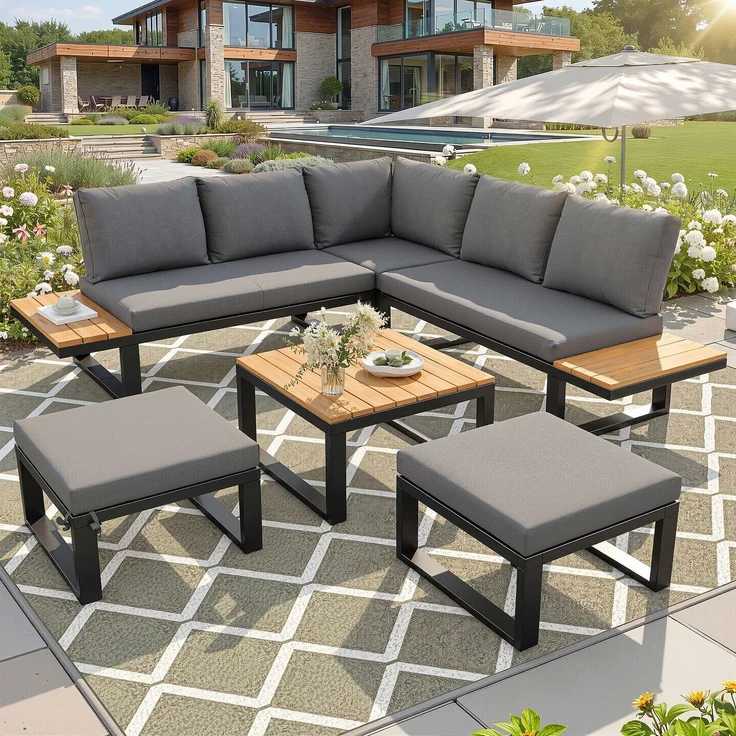 Merax Gartenlounge-Set, 7-Sitzer Gartenmöbelset mit 5 verstellbaren Rückenlehnenpositionen, Grau – Bild 2