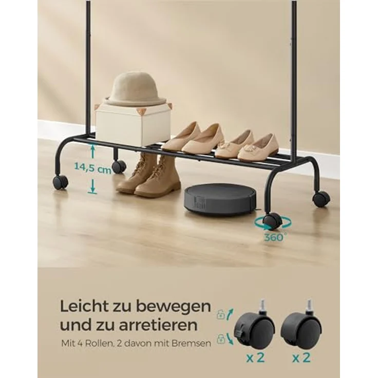 SONGMICS Kleiderständer auf Rollen, Kleiderstange, Garderobenstange, Garderobenständer aus Stahlrohren, 103,5 cm breit, multifunktionale Aufbewahrung, tintenschwarz HSR131B01 – Bild 6