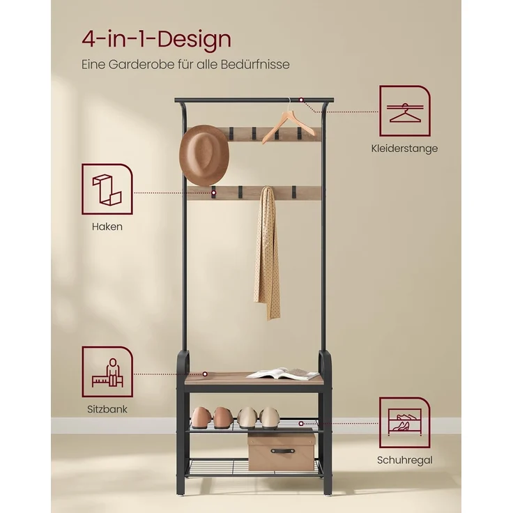 VASAGLE Garderobenständer, Garderobe, mit Schuhbank, 4-in-1 Design, 9 abnehmbare Haken, Kleiderstange, Eingangsbereich, Flur, 33,7 x 72 x 183 cm, Industrie-Design, Kamelbraun -tintenschwarz HSR040K02 – Bild 3