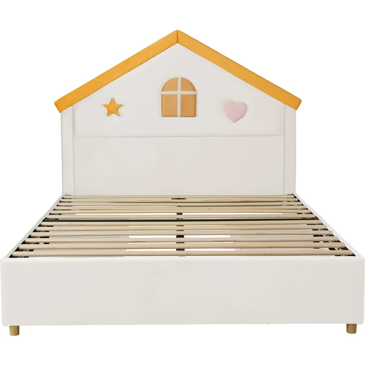 Merax Kinderbett, 140x200 cm, Polsterbett, mit 4 Schubladen, Stauraumbett, Jugendbett mit französischem Samt, gepolstertes Bett mit Haus-Kopfteil, Beige – Bild 9