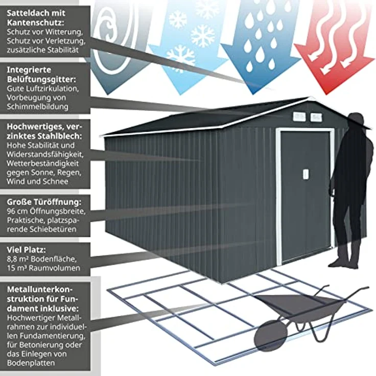 Hattoro XXXL Gerätehaus mit Schiebetüren und Satteldach, Metall anthrazit, 277 x 319 x 192 cm (BxTxH), 15 m³ – Bild 3