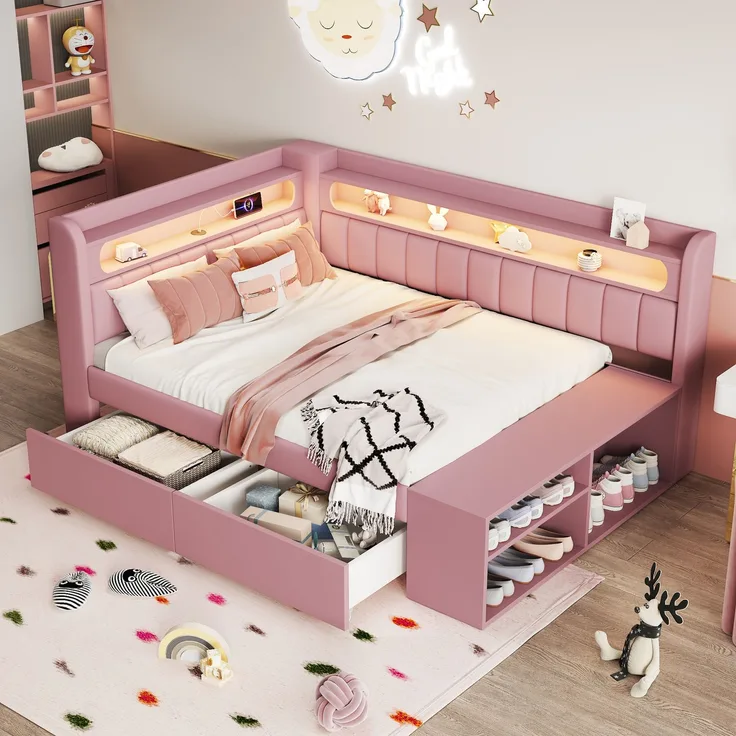 Merax Kinderbett, Einzelbett, Schlafsofa 90x200cm mit USB-Anschluss und LED-Lichtleiste, inklusive Schuhschrank und zwei Schubladen, Rosa