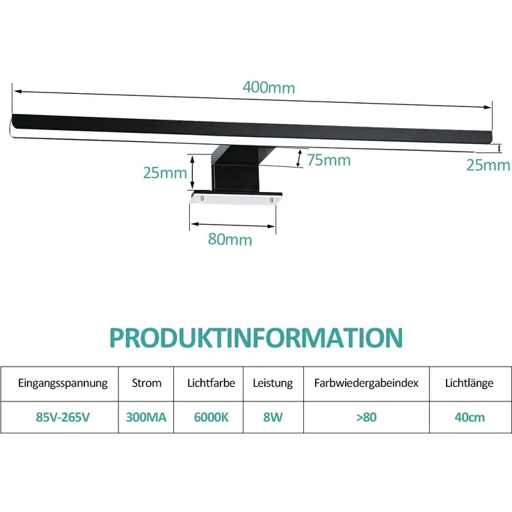 EMKE Spiegelleuchte LED Spiegelleuchte 40cm Spiegellampen für Badezimmer IP44 Schrankleuchte, Schwarz, Kaltweißes Licht 6000K – Bild 5