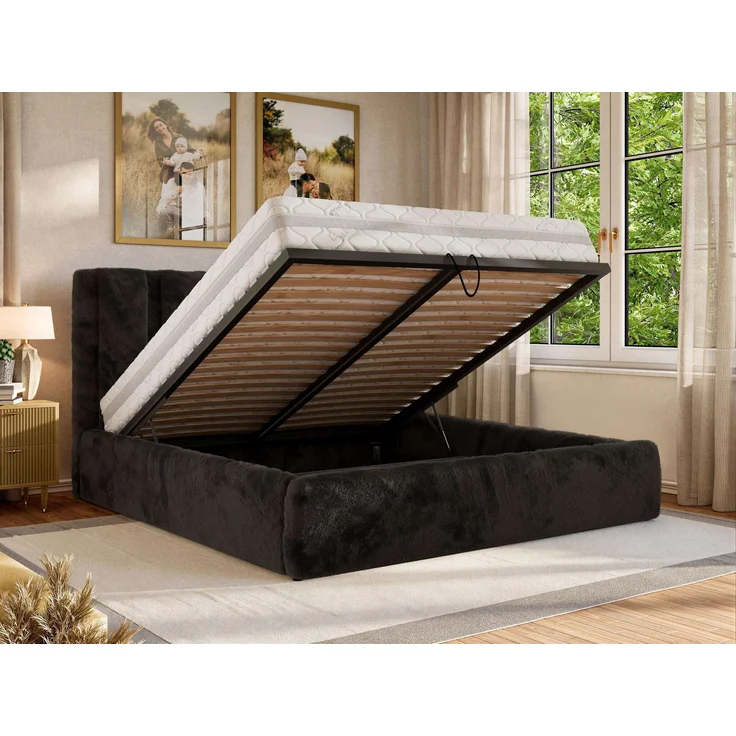 Polsterbett SAVINO CLASSIC mit Bettkasten und Lattenrost Doppelbett 200 x 200 cm mit hohem Kopfteil Stauraumbett Bett mit Gasdruckfeder - Schwarz Plüsch - Pocket Matratze - VIRE LUX – Bild 4