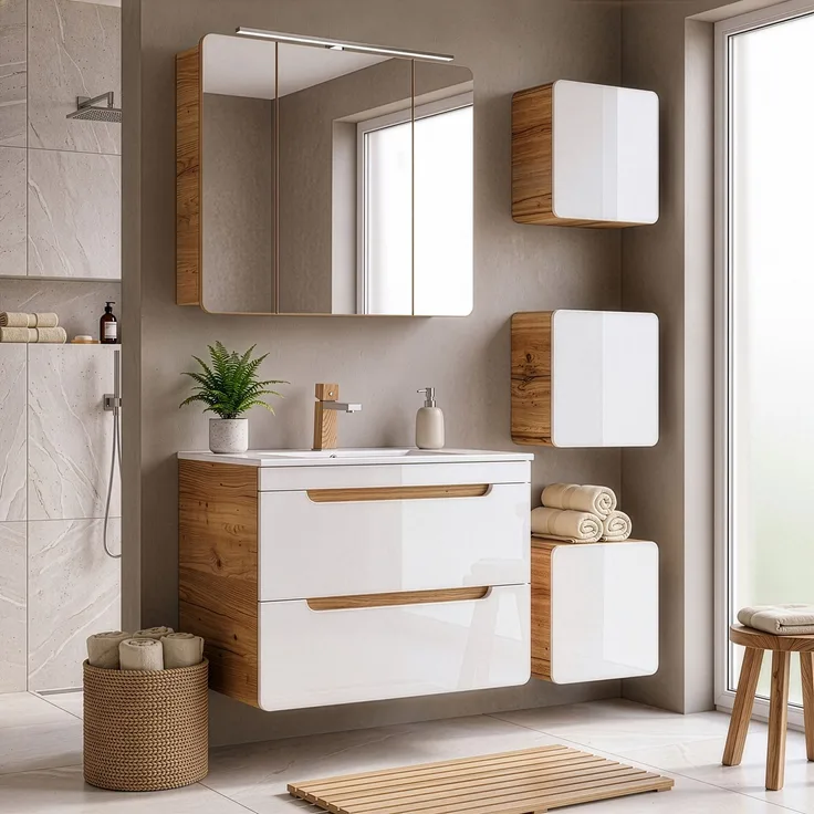 Badmöbel Set in Hochglanz weiß mit Wotan Eiche Nb. LUTON-56 mit LED-Spiegelschrank, B/H/T ca. 130/200/46 cm