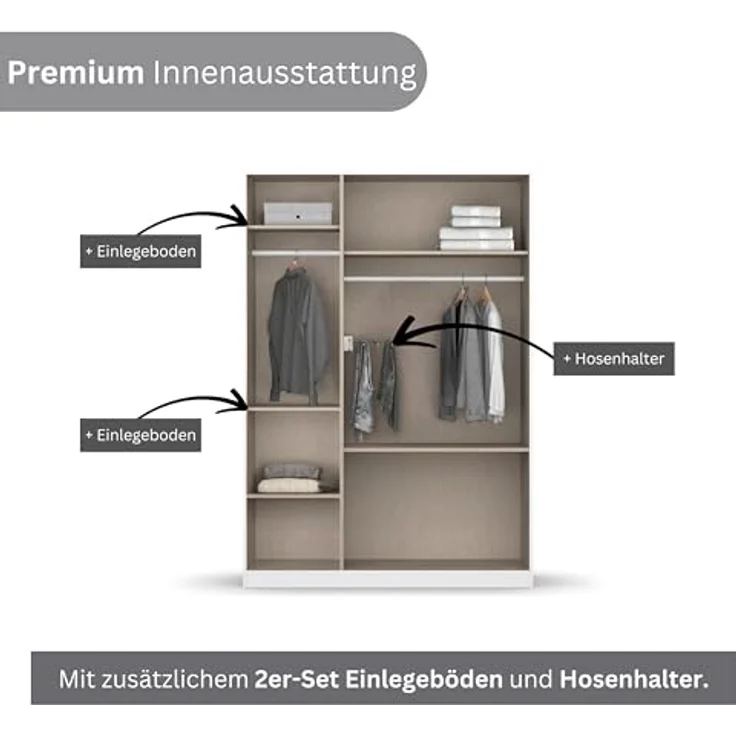 Rauch Möbel Costa, Kleiderschrank für Schlafzimmer, Kinderzimmer, Babyzimmer, Garderobe, Flur, 3-türig, 2 Schubladen, Push-to-Open, mit Zubehör Premium, Farbe Grau metallic, Schwarz, Breite 136 cm – Bild 7