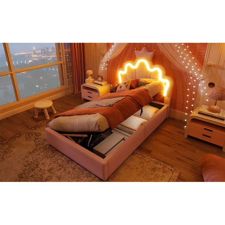 EINHOM Polsterbett, 90 x 200 cm, LED-Lichtband, mit Hydraulischem Hebemechanismus, Prinzessinnenbett in Kronenform, Verstellbares Kopfteil, PU, Rosa, (Ohne Matratze) – Bild 7