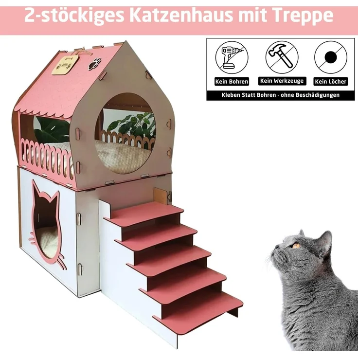 Jungengel Tierhaus XL Katzenhütte Katzenhaus Rosa Pink Holz Katzenhöhle Katzenbett, XL 65×70×30 cm, Einfache Montage mit Anleitung, Robust & Hingucker! – Bild 3