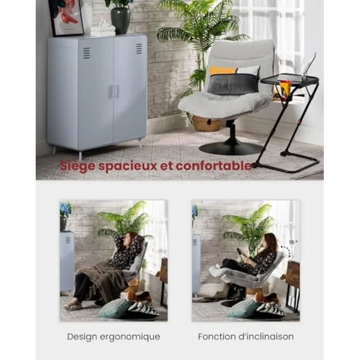 MEUBLE Cosy Bürostuhl Ergonomisch Schreibtischstuhl mit höhenverstellbar 360° Drehbar Kippfunktion ohne Armlehnen, Chenille-Stoff, Grau – Bild 4