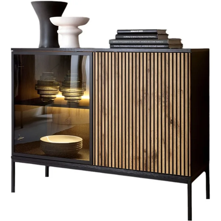 Compleo Kommode LINO (mit Fronten gefräst und gehärtetem Glas) Loft stil