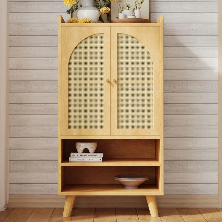 Rattan-Sideboard mit 2 Rattantüren und 2 offenen Fächern, Aufbewahrungsschrank / Buffet mit großem Stauraum, Holz-Highboard, Mehrzweckschrank für Flur, Wohnzimmer oder Küche, Maße: B60×T40×H121 cm--Natürlich--60x40x121cm--YOUDENOVA – Bild 6