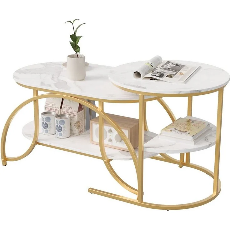 FUROKOY Couchtisch Beistelltisch Sofatisch wohnzimmertisch kaffeetisch 2er set (Runder Tisch Oval), Modern design Couchtisch mit gold beinen,Marmoroptik,Gold + Weiß – Bild 5
