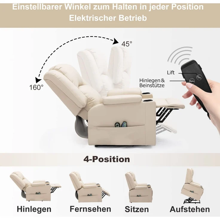 COMHOMA elektrischer Aufstehsessel, Relaxsessel Fernsehsessel Massagesessel mit Liegefunktion Sessel mit Aufstehhilfe Powerlift-Liegestuhl für ältere Menschen weiß – Bild 3