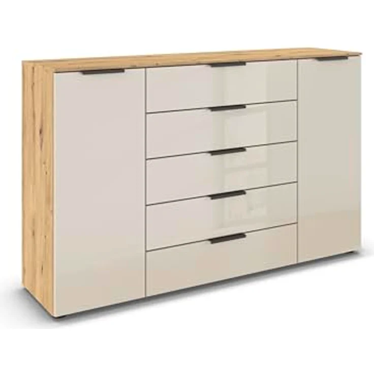 Rauch Möbel Flipp, Kommode für Schlafzimmer, Kinderzimmer, Wohnzimmer, Jugendzimmer, Flur, Garderobe, 2-türig, 5 Schubladen, mit Softclose-Funktion, Farbe Eiche Artisan, Holz/Glas Beige, Breite 160 cm – Bild 2