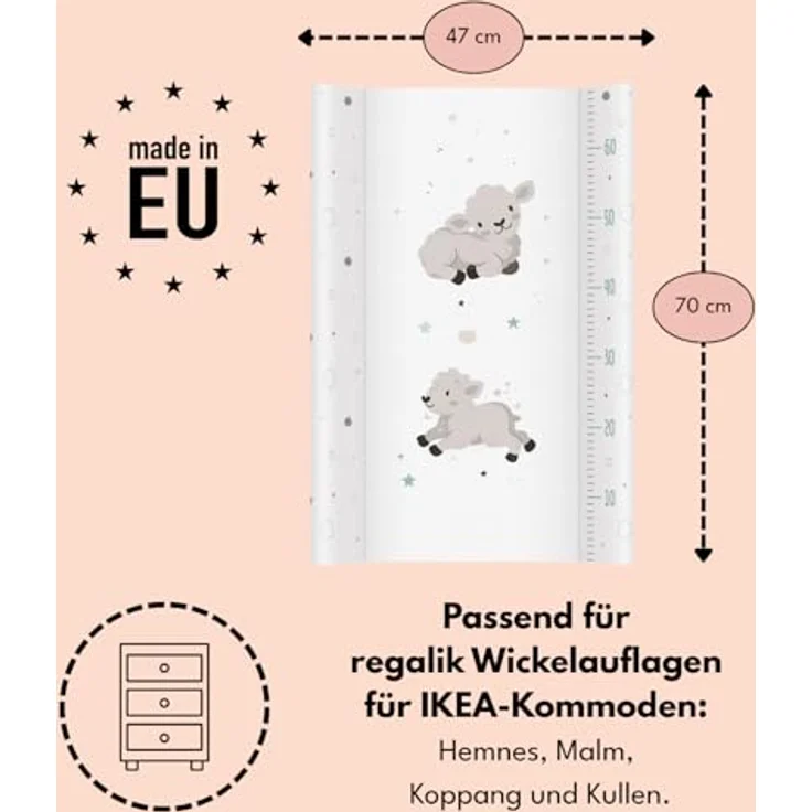 Wickelauflage 70x47 cm, Weiß mit Schäfchen – abwaschbar & weich, profilierte Ränder für mehr Sicherheit – Wickeltischauflage für Wickelkommode – Baby Wickelunterlage mit Komfortfüllung – Bild 5