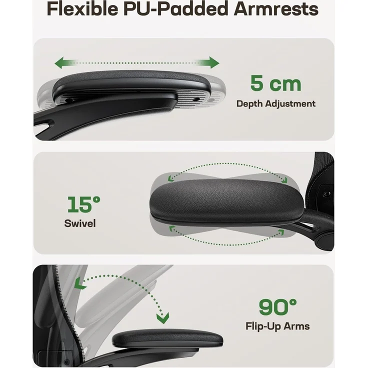 Marsail Bürostuhl Ergonomisch Schreibtischstuhl hat Verstellbarer Lordosenstütze Kopfstütze und Armlehne Höhenverstellung und Wippfunktion, Schwarz – Bild 7