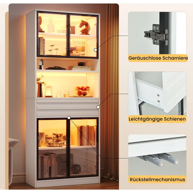 Vitrine 80 x 35 x 200 cm in Weiß mit 4 Glastüren und App-gesteuerter LED-Beleuchtung – Bild 8