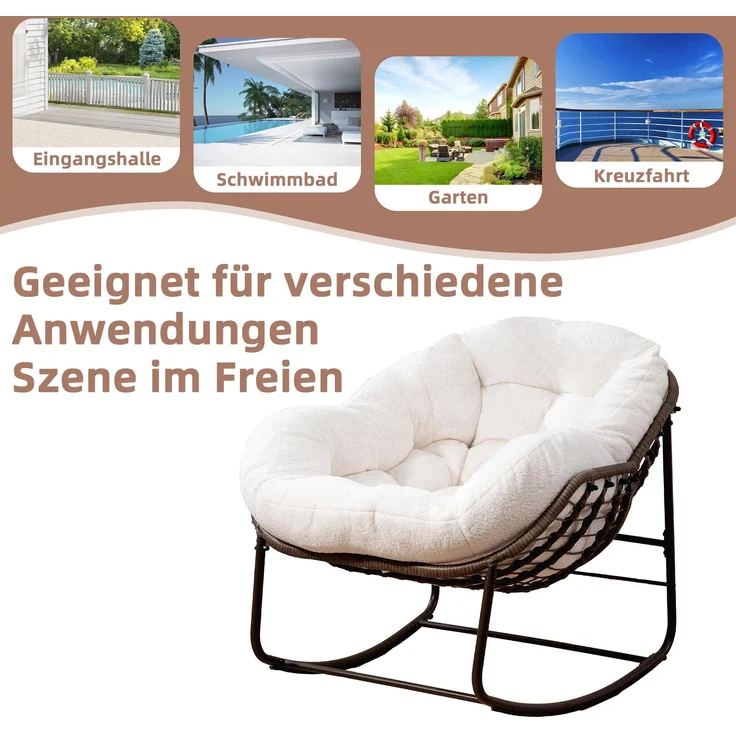 LVHOM Schaukelstuhl mit gepolstertem Kissen, Rattanstuhl mit Stahlrahmen, Lounge Sessel, Schaukelsessel, 1 St, für Balkon/Garten/Wohnzimmer/Schlafzimmer – Bild 7