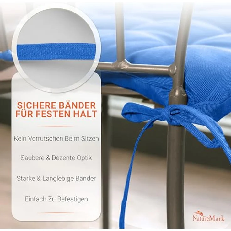 NatureMark 4er Set Stuhlkissen mit Bändern Gr. 40x40 cm Sitzkissen gefüllt, Royal Blau – Bild 7