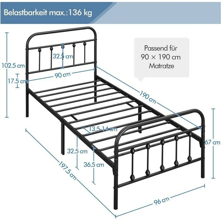 Yaheetech Bettgestell Metallbett, Metall Bettrahmen mit Kopfteil, Schwarz – Bild 3