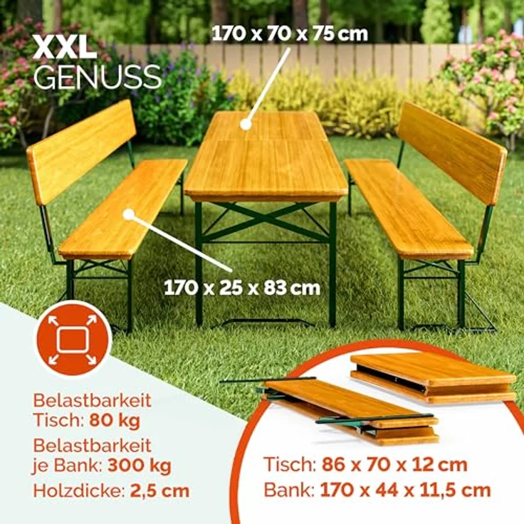 Casaria Bierzeltgarnitur mit Rückenlehne, 3-teilig, klappbar, Holz natur / Stahl grün, 170 x 70 x 75 cm – Bild 3