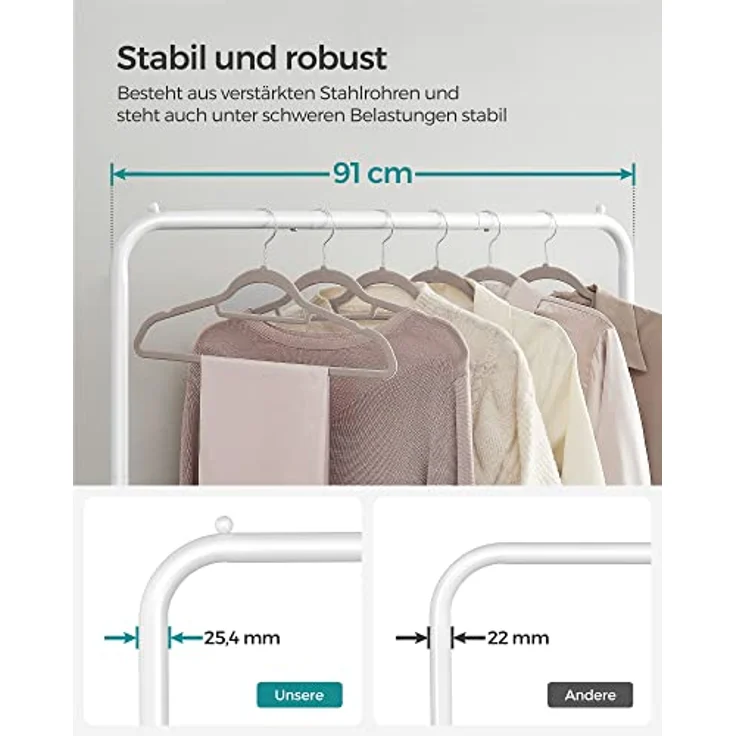 SONGMICS Kleiderständer, Kleiderstange auf Rollen, Garderobenständer Metall, Rollgarderobe 91 cm breit, mit Ablage, 2 Rollen mit Bremse, Stange bis 40 kg belastbar, weiß HSR025W01 – Bild 5