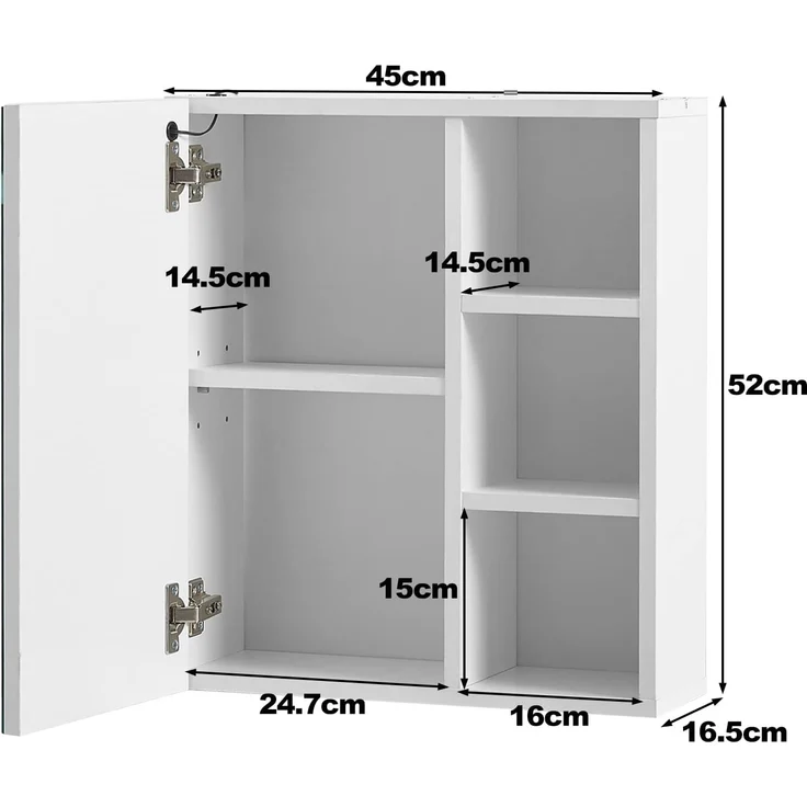 TUKAILAI Spiegelschrank Bad mit Beleuchtung, Badschrank mit Spiegel mit 3 Offenes Ablagen, Badezimmerschrank mit Verstellbarer Ablagen für Badezimmer 45 x 17 x 52 cm – Bild 2