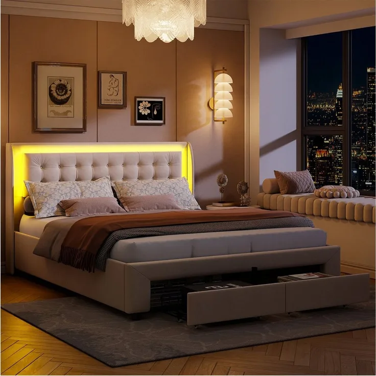 PXloue Polsterbett Polsterbett mit Stauraum und RGB-LED-Beleuchtung, beige Samt, Mit Gasdruckfedern, dimmbarer LED und Stauraum.